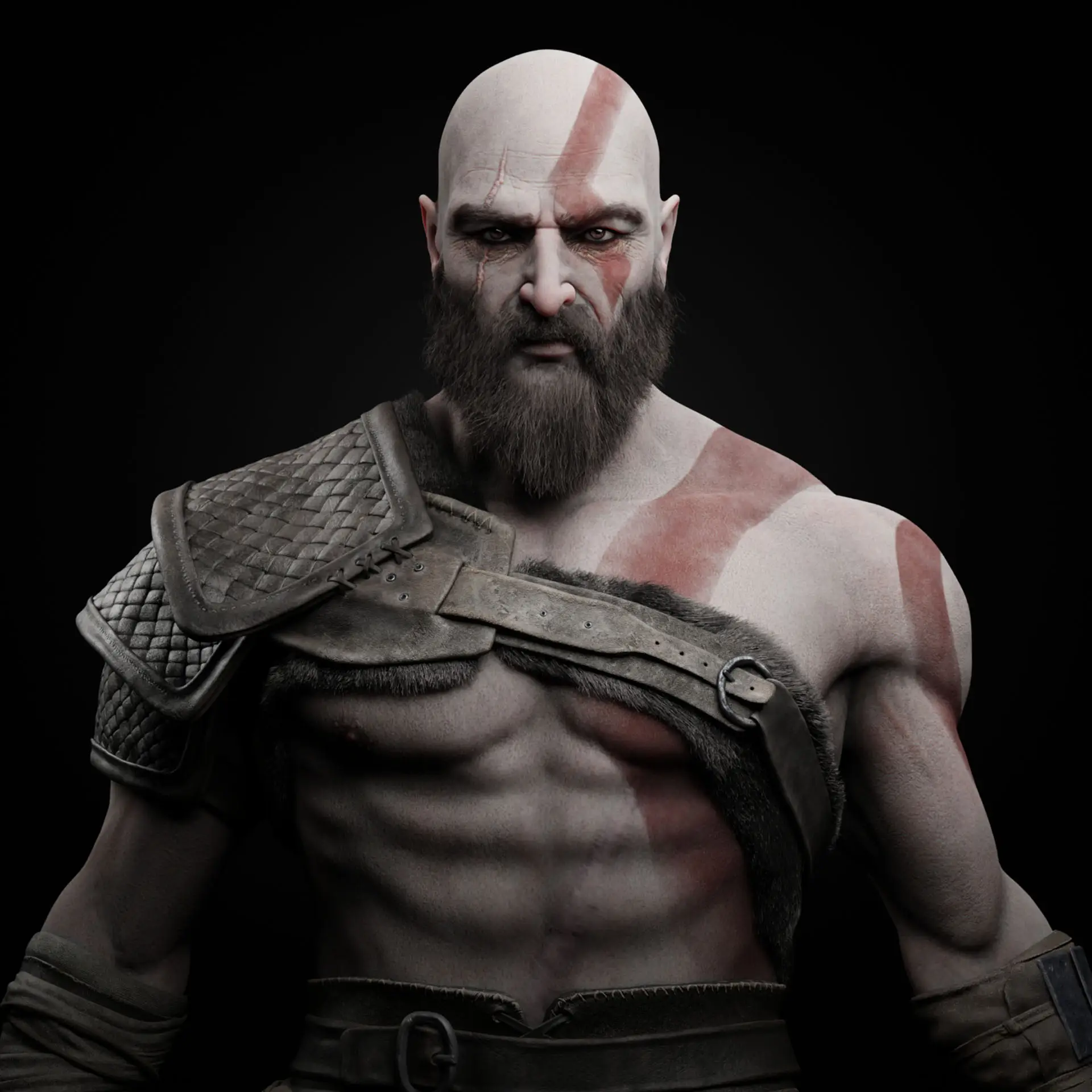 Digital sculpting of Kratos from the "God of War 2018" video game, created in ZBrush, rendered in Blender.