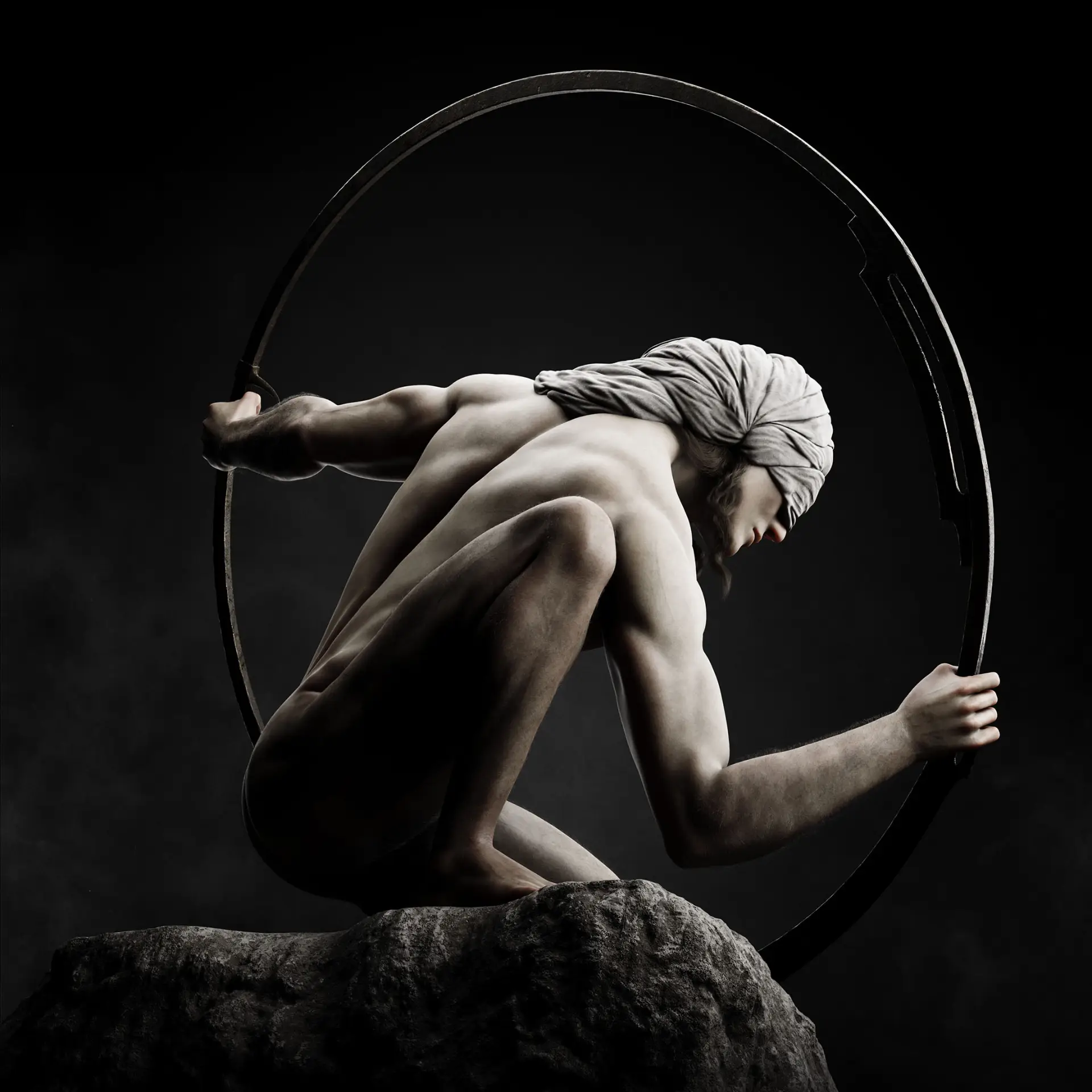 Realistic 3D rendering of the mythological figure Narcissus, sculpted in ZBrush and rendered in Blender, inspired by Roberto Ferri's 2017 painting 'Narcissus'.