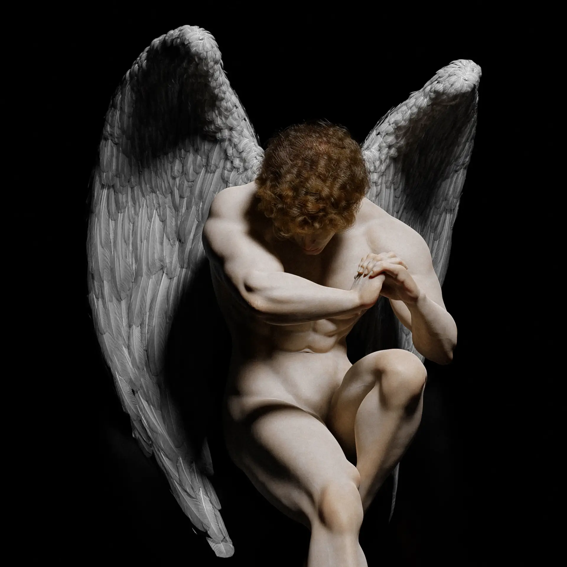 3D rendering of a 3D sculpting, sculpted in ZBrush and rendered in Blender, depicting a realistic portrayal of Alexandre Cabanel's 'Fallen Angel' seated on tiles.