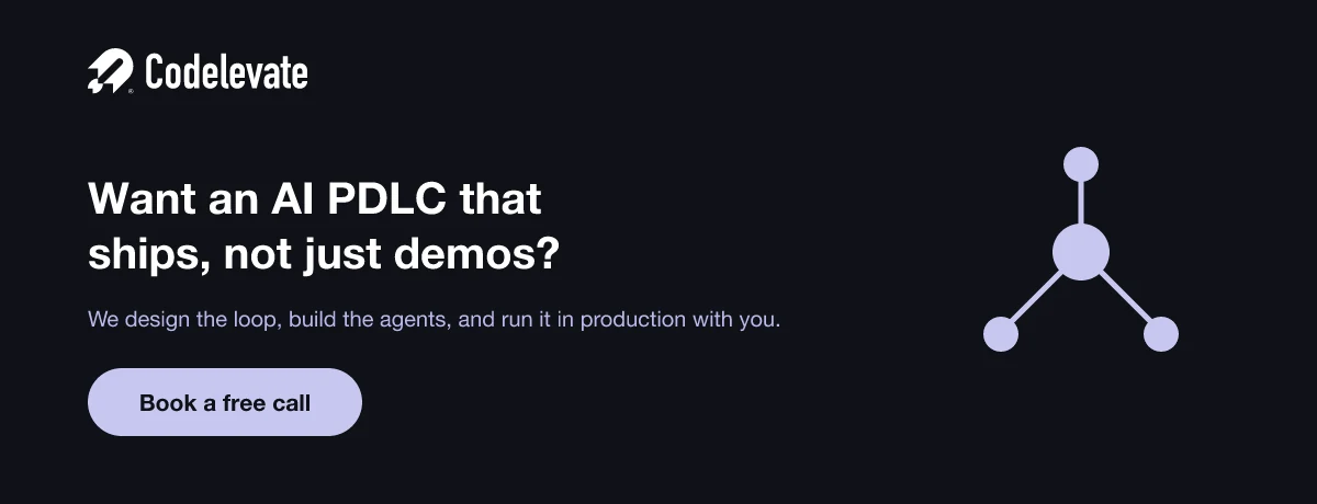 Codelevate call to action: get an AI PDLC that ships to production, book a free call