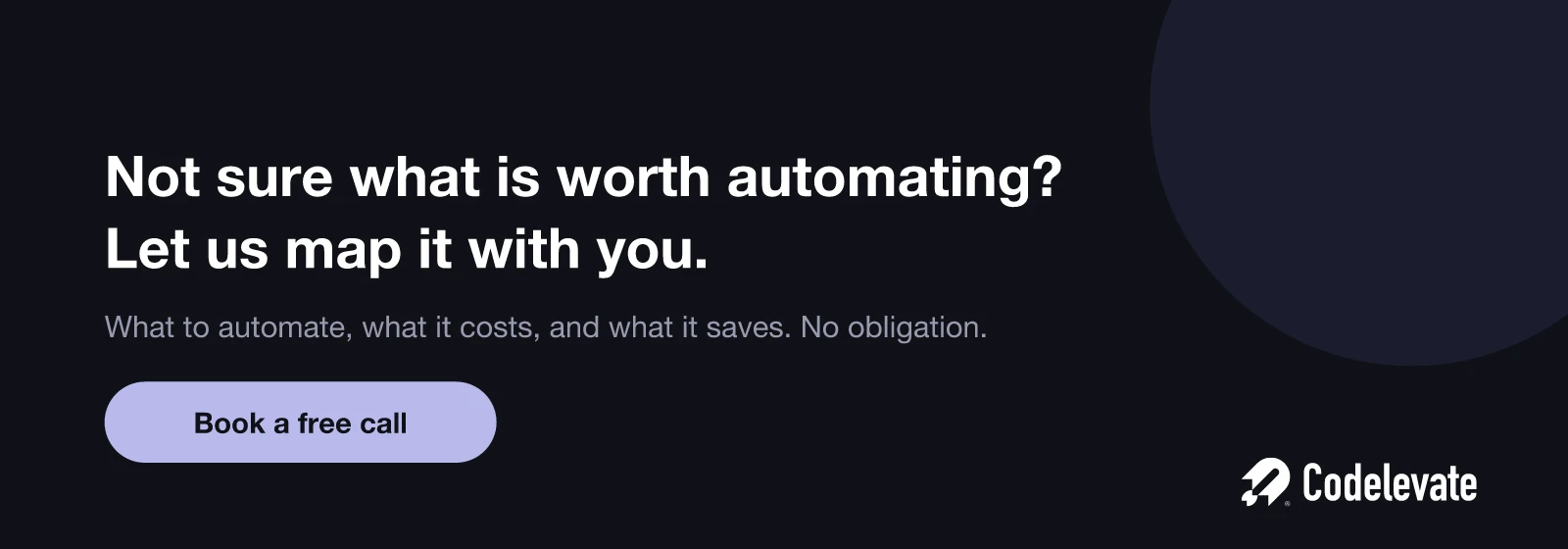 Codelevate call to action: not sure what is worth automating, book a free call to map it