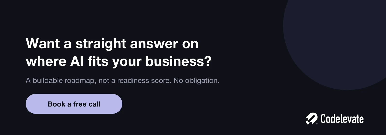 Codelevate call to action: want a straight answer on where AI fits your business, book a free call