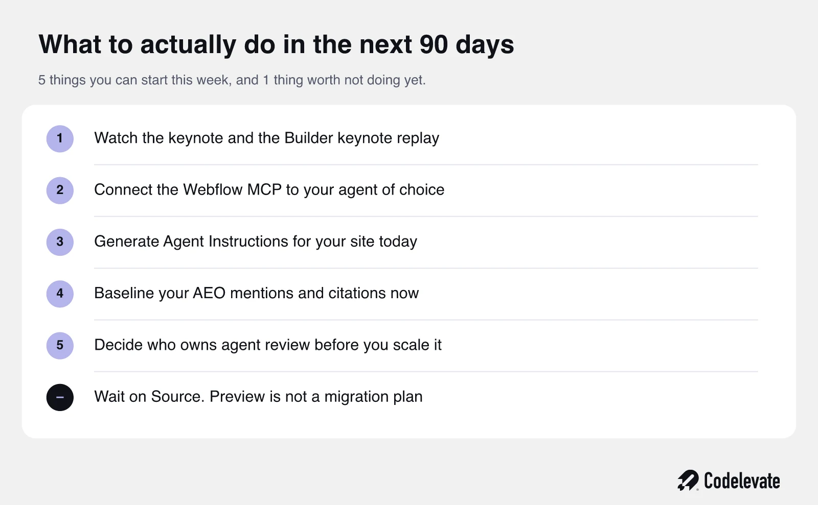 Actieplan van 90 dagen na Webflow Conf 2026 met 5 dingen om nu te starten en 1 ding om op te wachten