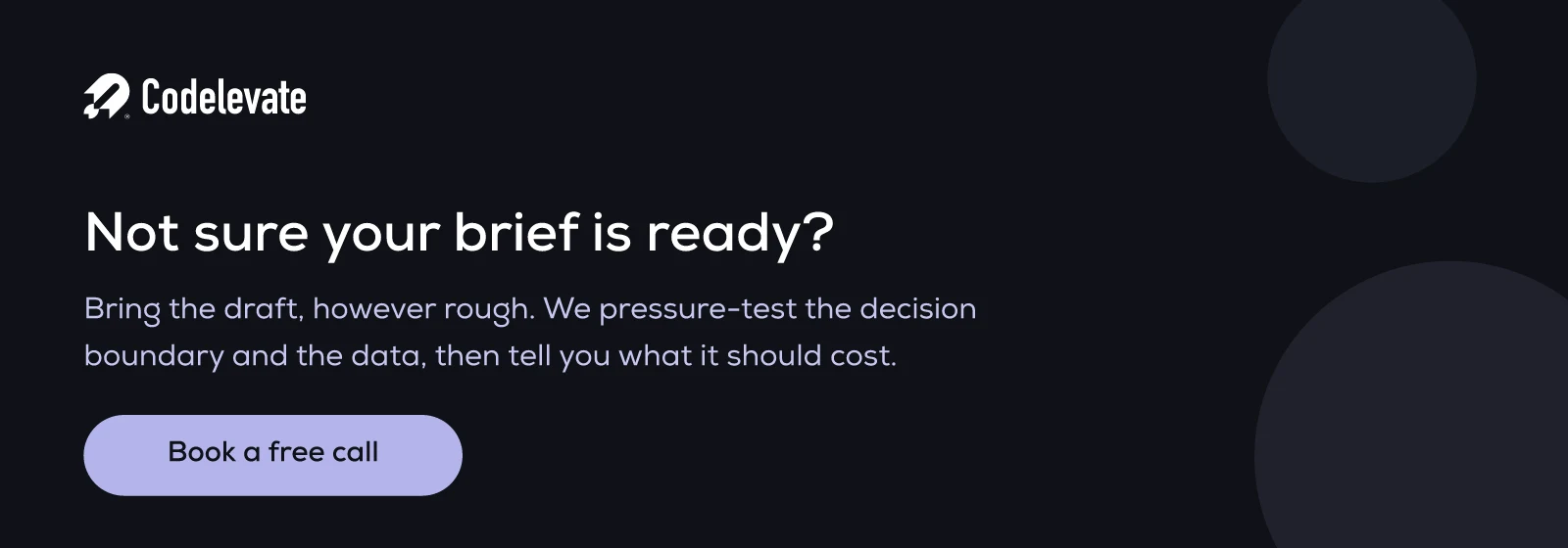 Codelevate banner offering help scoping an AI agent project before requesting vendor quotes