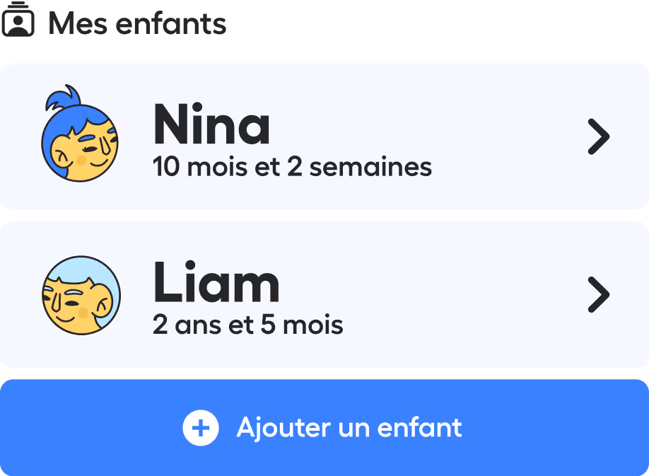 2 profils d'enfants dans l'application Biloba