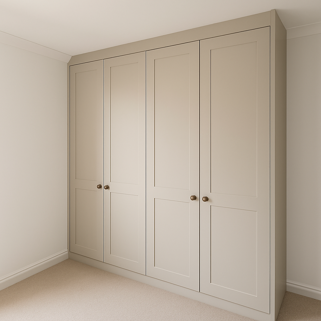 bespoke fitted 4 door grey bedroom wardrobe