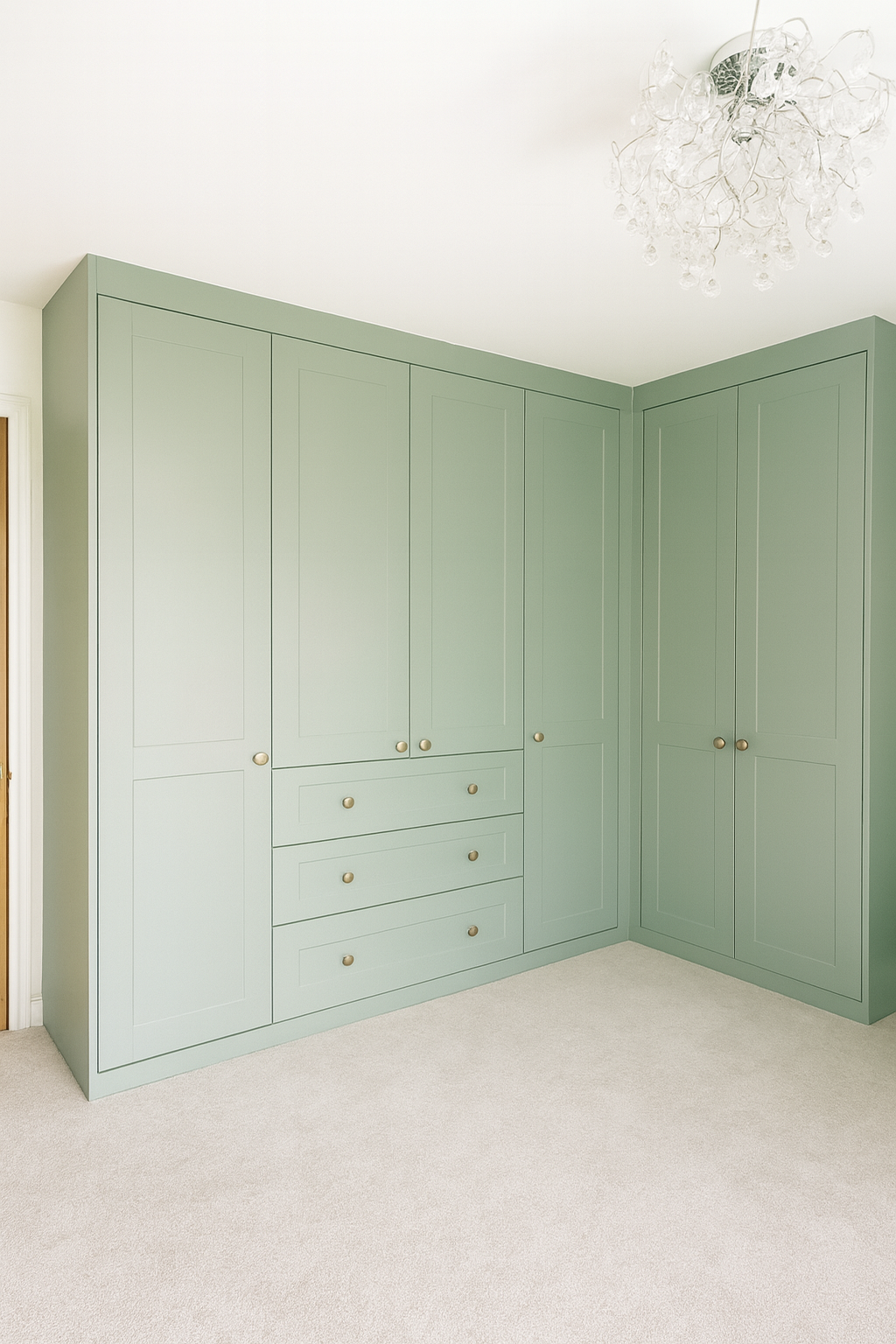 large green fitted corner wardrobe with drawers