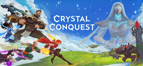 Characters with magical powers face a giant armored figure and monster under a bright blue sky in Crystal Conquest.