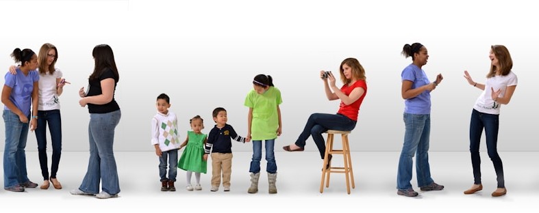 Peple from different demographics on a bright background