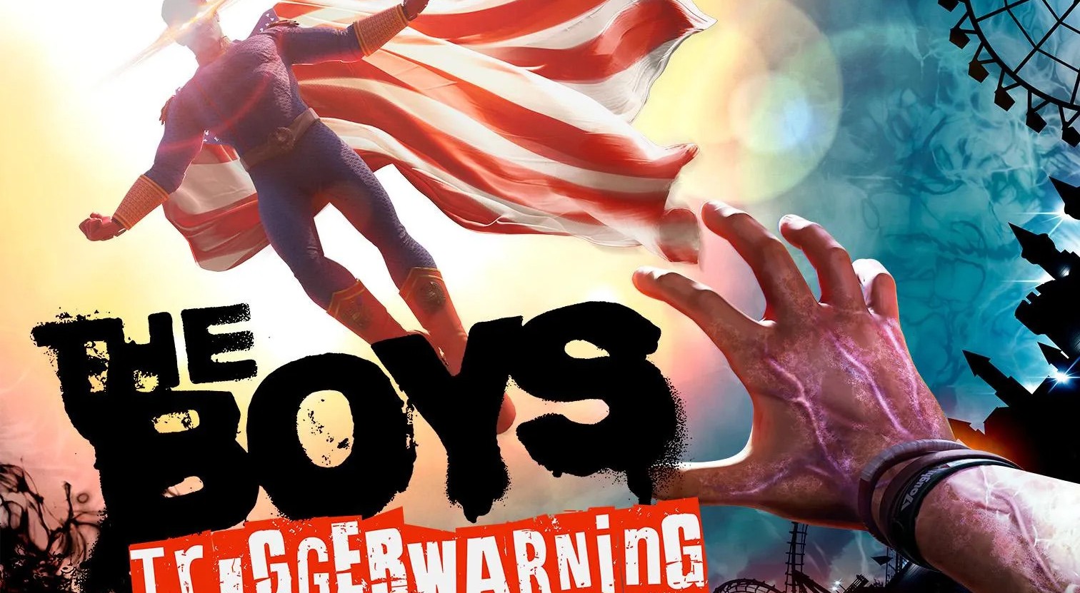 Superhero in blue and red with striped cape flying toward sun, hand reaching up in foreground.