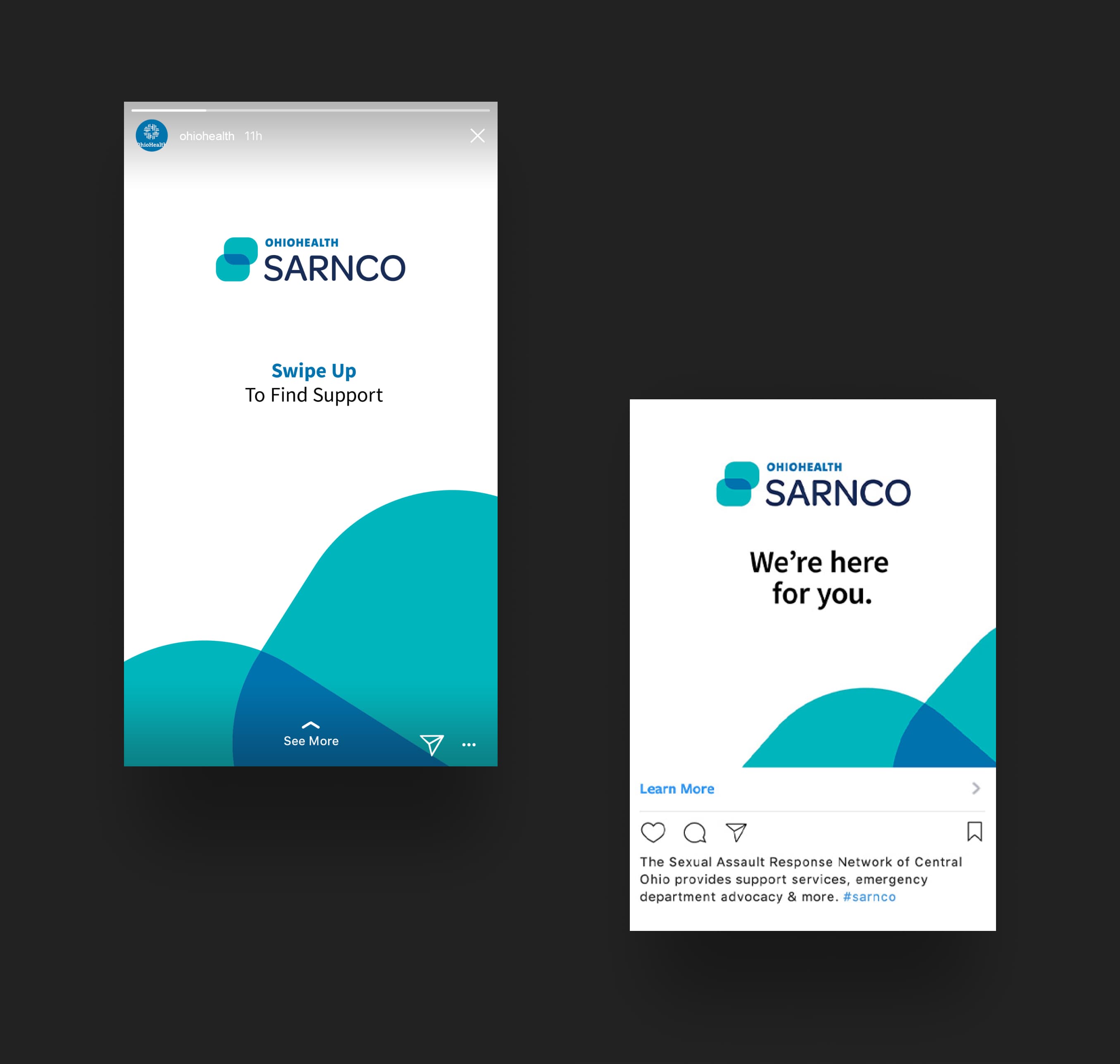 SARNCO social ads, showing swipe up capabilities to get support through paid Instagram stories, and "learn more" for Instagram paid feed ads.