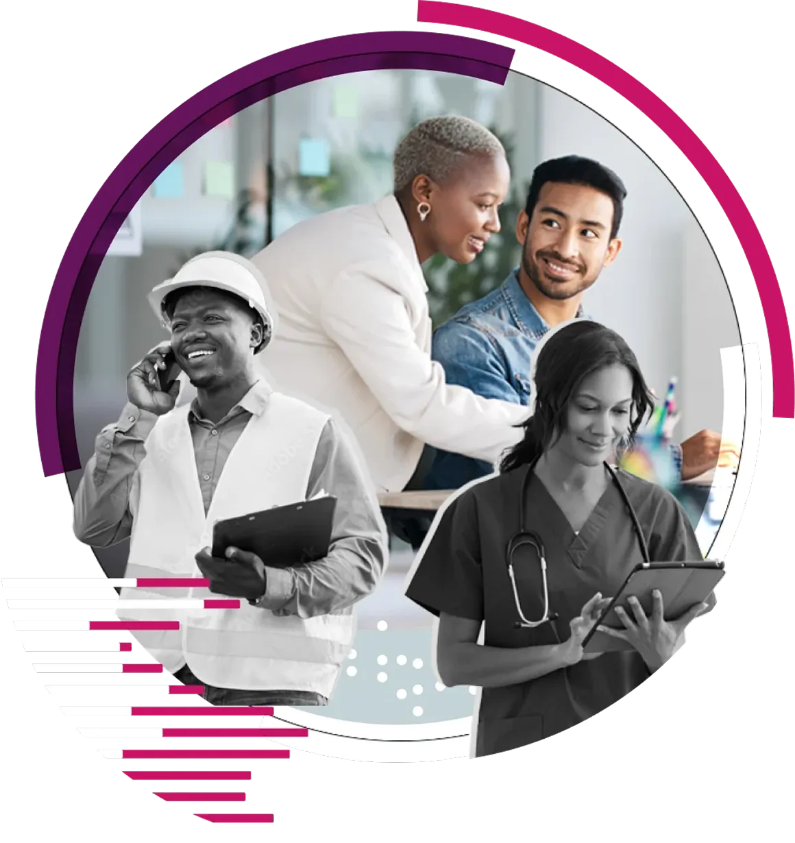 Hero Image for Ethics Charter page. A collage containing a doctor, two office workers, and a construction worker.