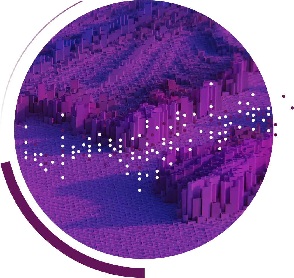 Circular abstract digital landscape with purple and blue 3D rectangular blocks and scattered white and dark purple dots.