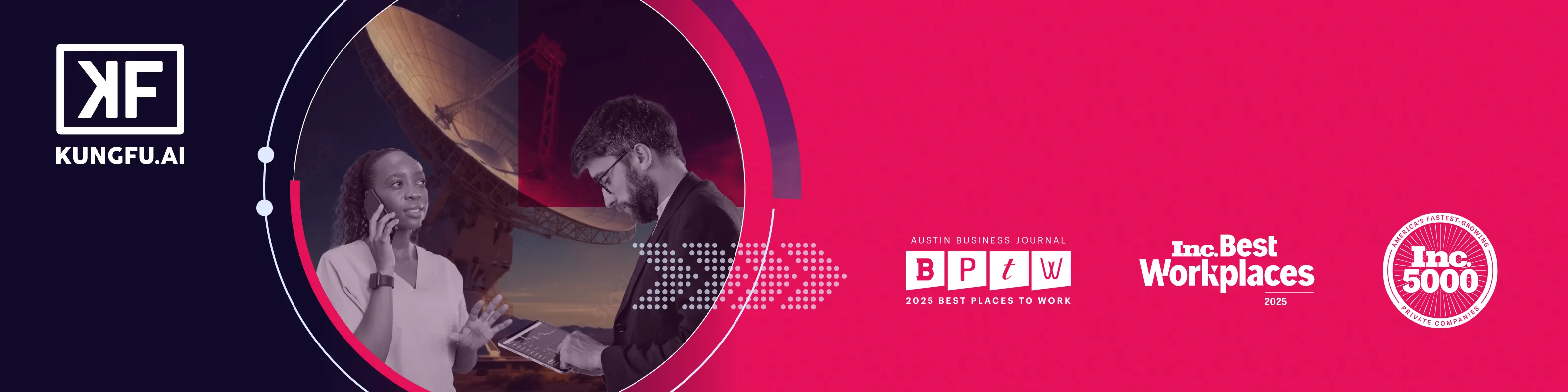 Banner showing Kungfu.ai logo, two professionals with technology background, and awards for 2025 Best Places to Work and Inc. 5000.