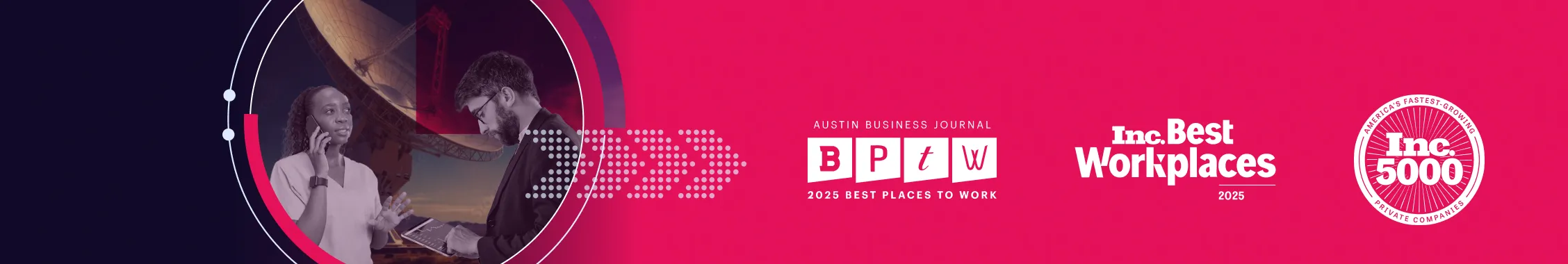 Banner showing Kungfu.ai logo, two professionals with technology background, and awards for 2025 Best Places to Work and Inc. 5000.