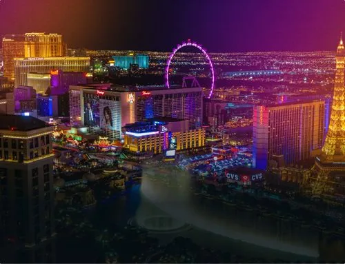 Las Vegas Strip at night with text about Darktrace’s protection.