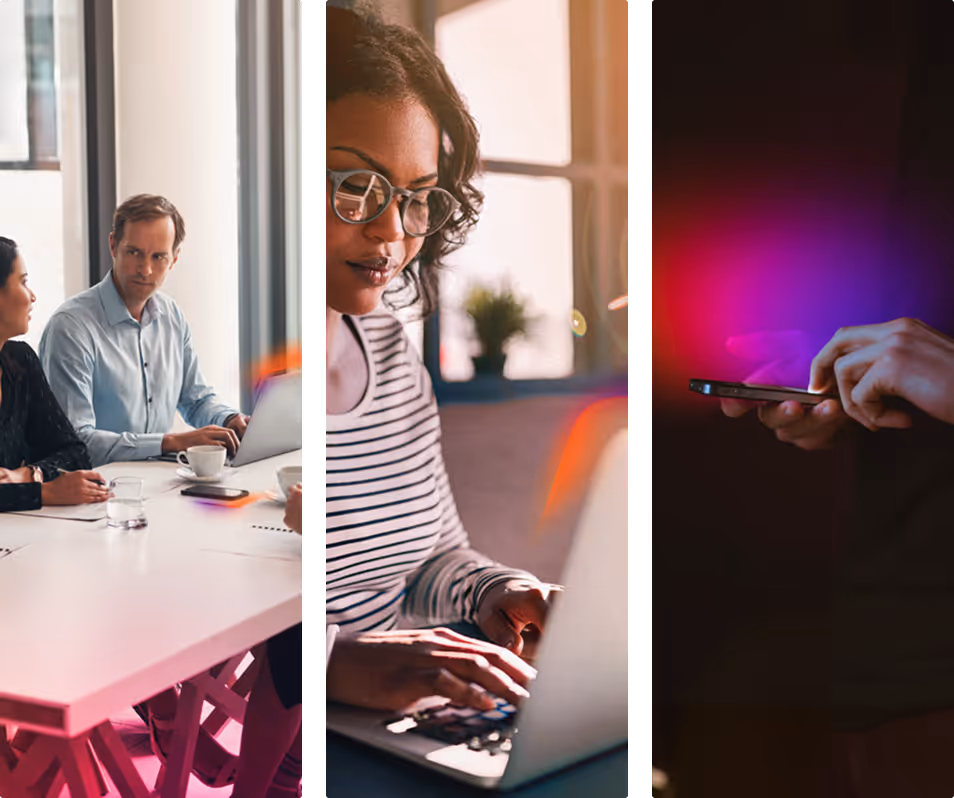 Three tech-related scenes: collaboration, laptop use, and smartphone interaction.