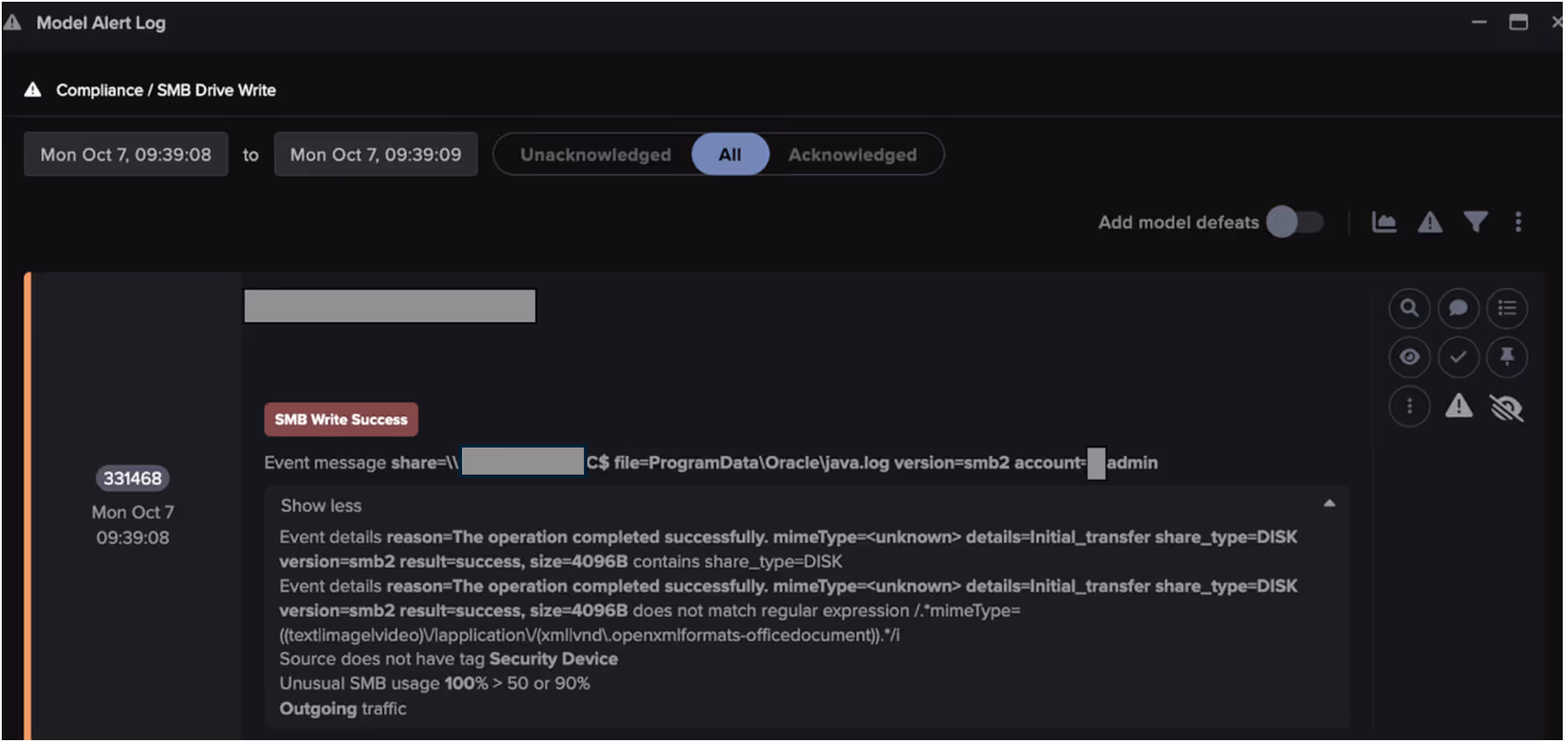 Darktrace model alert highlighting an SMB write of a file named ‘ProgramData\Oracle\java.log’ to the c$ share on another device.