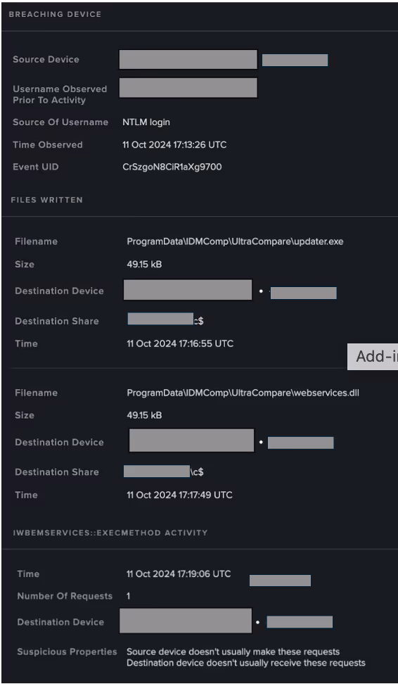 Cyber AI Analyst data highlighting a thread of activity starting with an SMB data upload followed by ExecMethod requests.