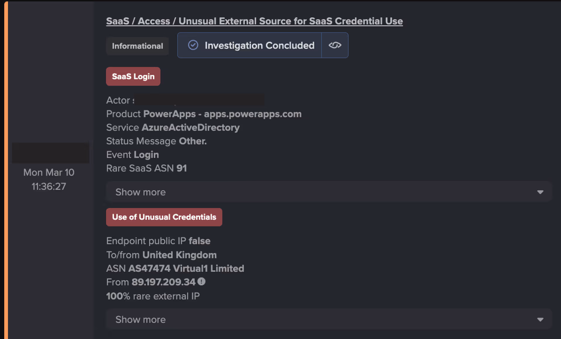 Darktrace’s detection of the unusual SaaS credential use.