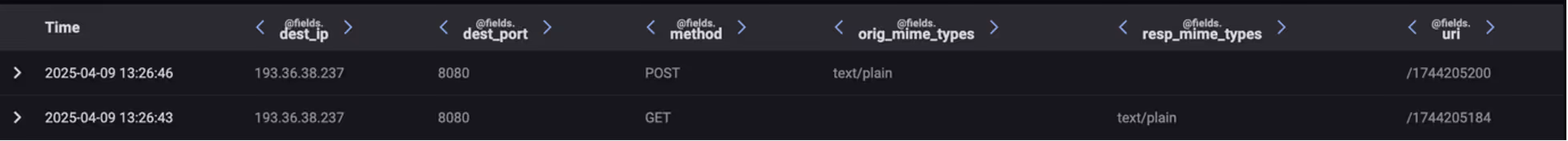 Advanced Search further highlights Darktrace's observation of the HTTP POST request, with the second numeric file representing data exfiltration. 
