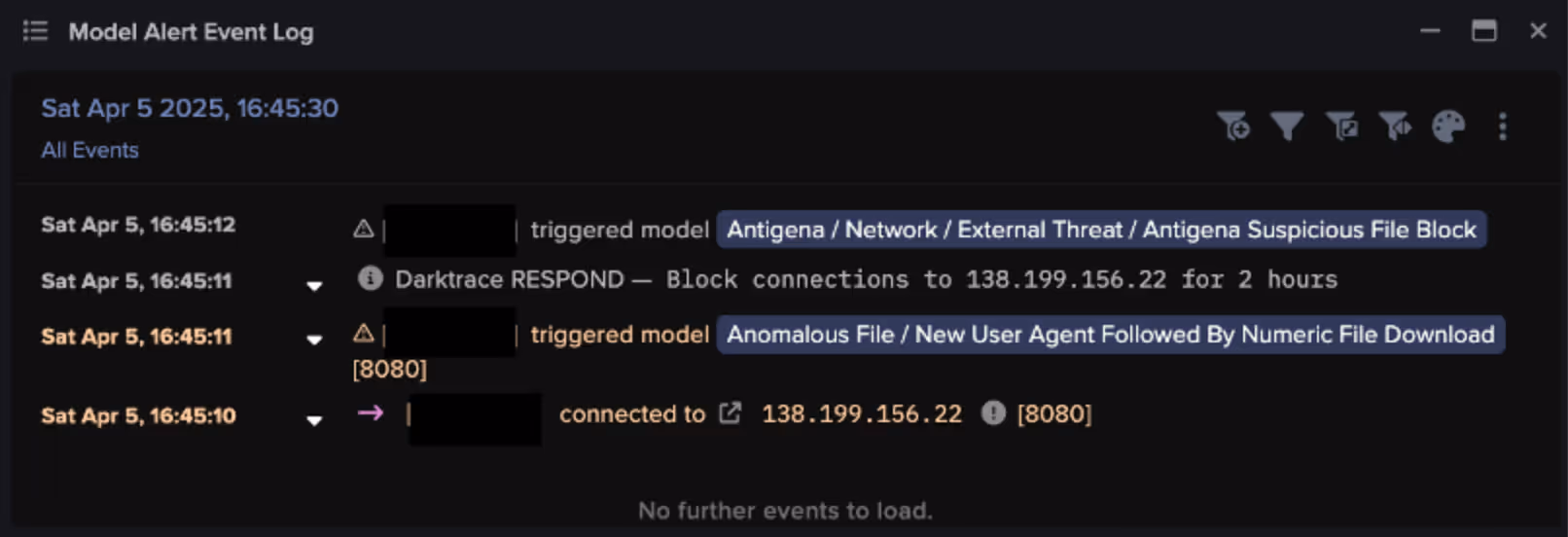 Darktrace Autonomous Response blocked connections to a suspicious endpoint following the observation of the numeric file download.