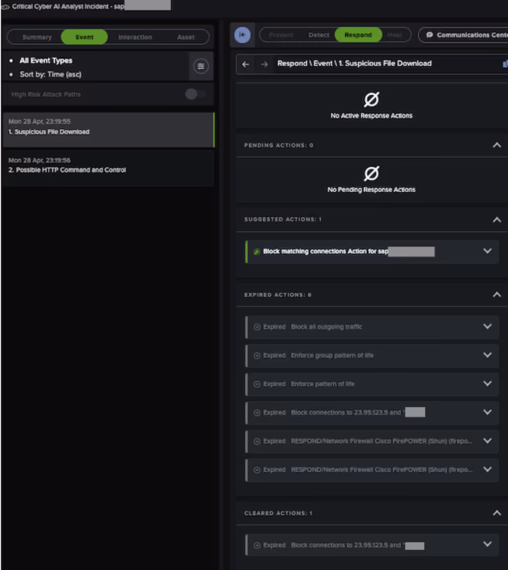 Actions taken by Darktrace’s Autonomous Response to block connections to the suspicious external endpoint 23.95.123[.]5. This event log shows that the connections to 23.95.123[.]5 were made over a rare destination port for the HTTP protocol and that new user agents were used during the connections.