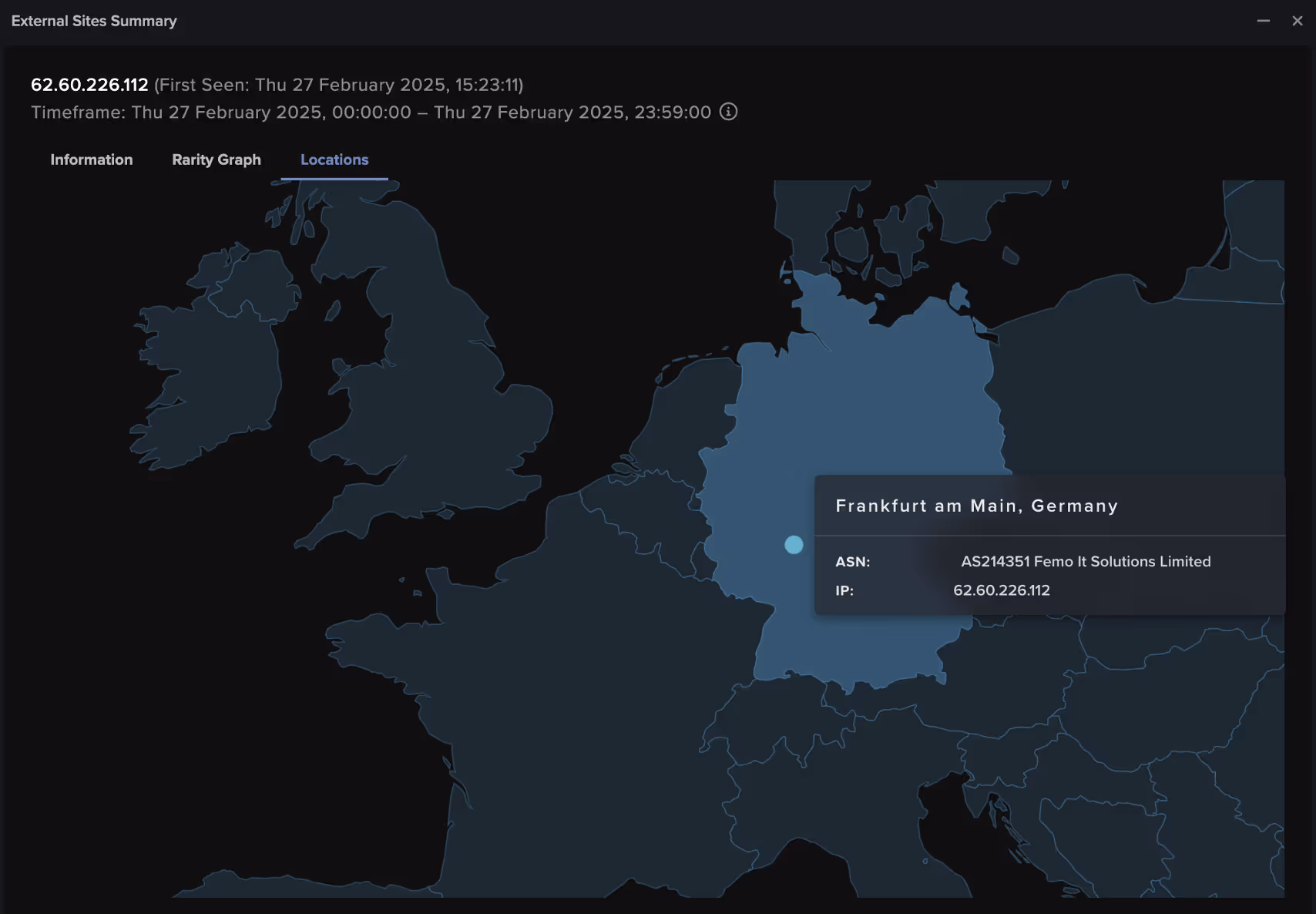 Darktrace’s detection of the affected device connecting to an unusual location based in Germany. 