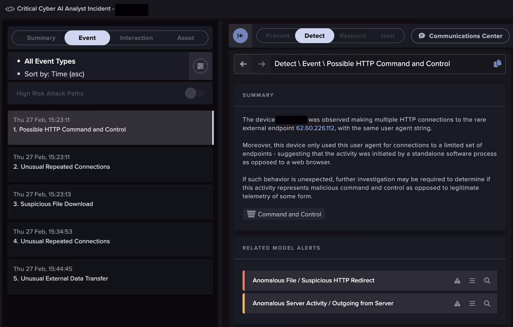 Cyber AI Analyst’s investigation into the activity observed on the affected device.