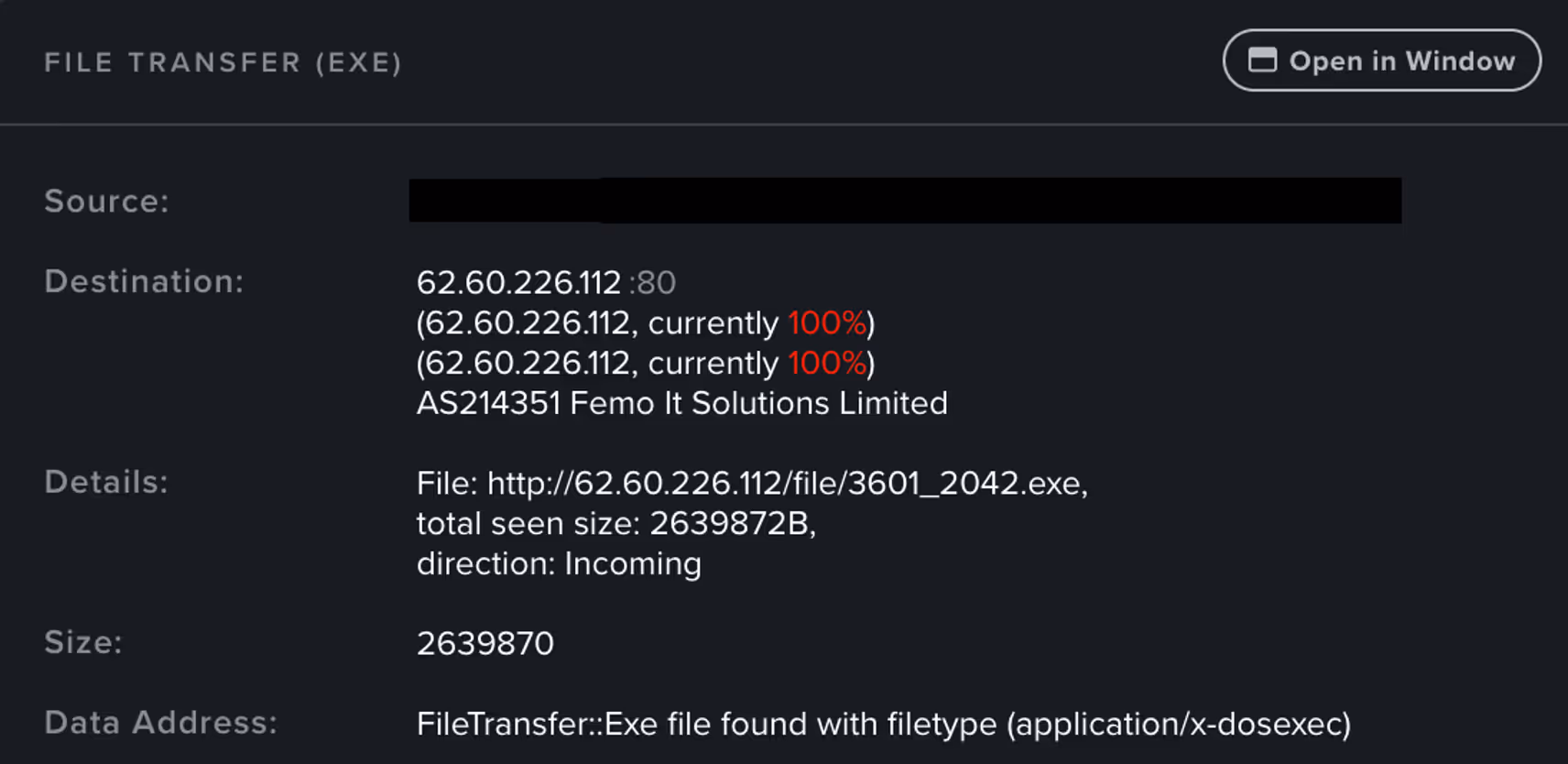 Darktrace’s detection of the affected device downloading an executable file from the suspicious endpoint.