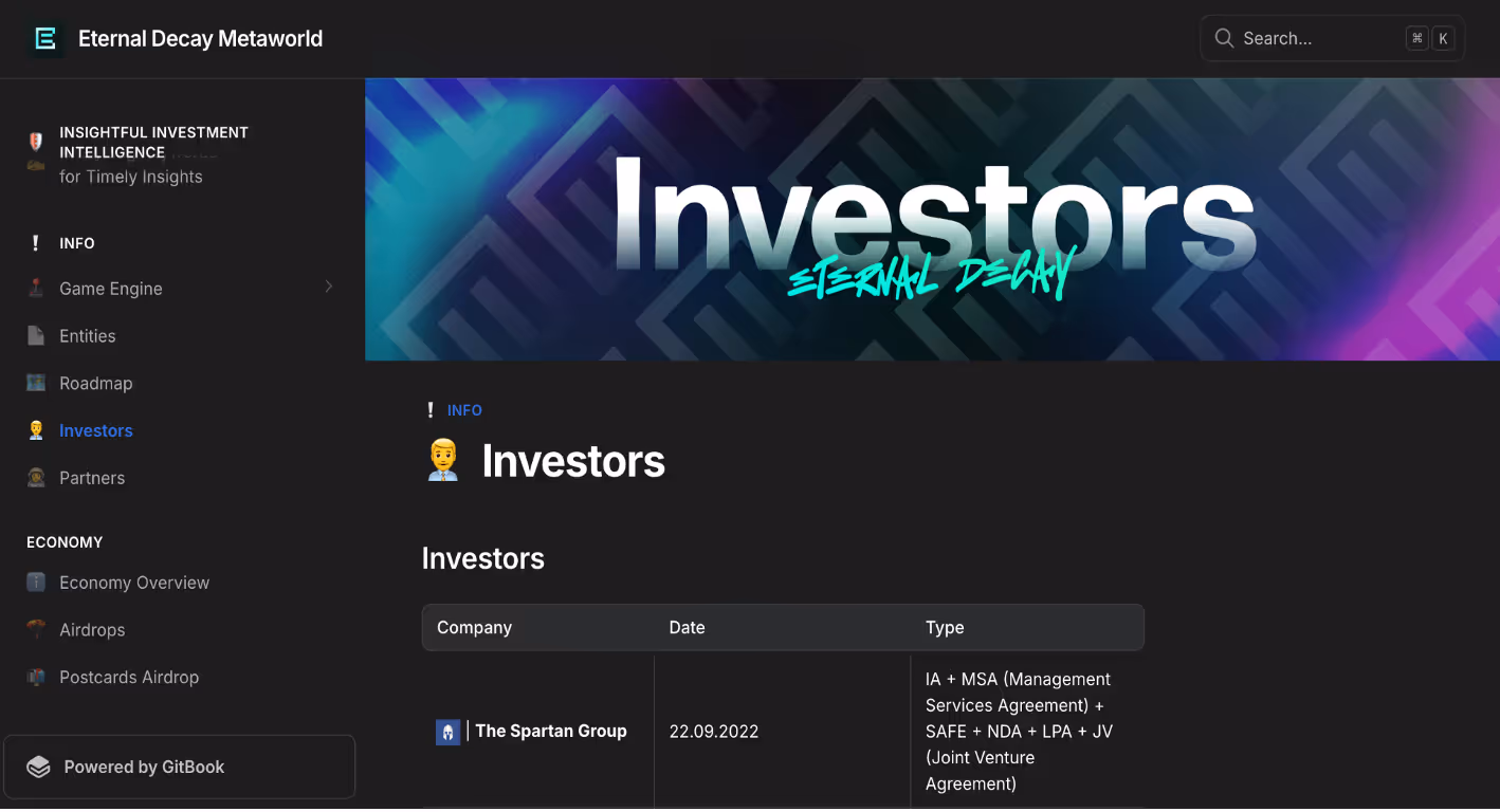 Gitbook for “Eternal Decay” listing investors.