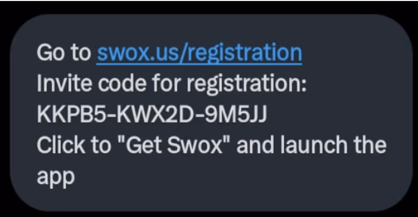 Example of threat actor messaging a victim on X with a registration code.