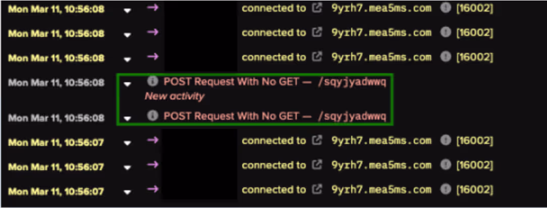  Screenshot of a Model Alert Event Log showing the device posting the string “sqyjyadwwq” to the hostname “9yrh7.mea5ms[.]com”.