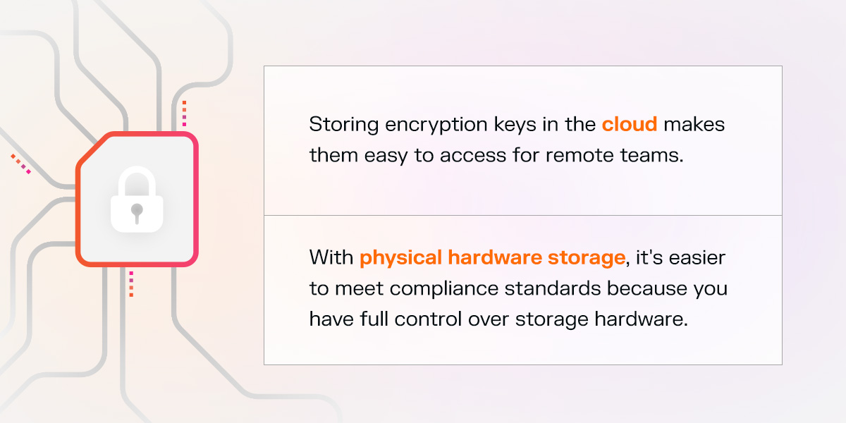 encryption keys in the cloud, physical hardware storage 