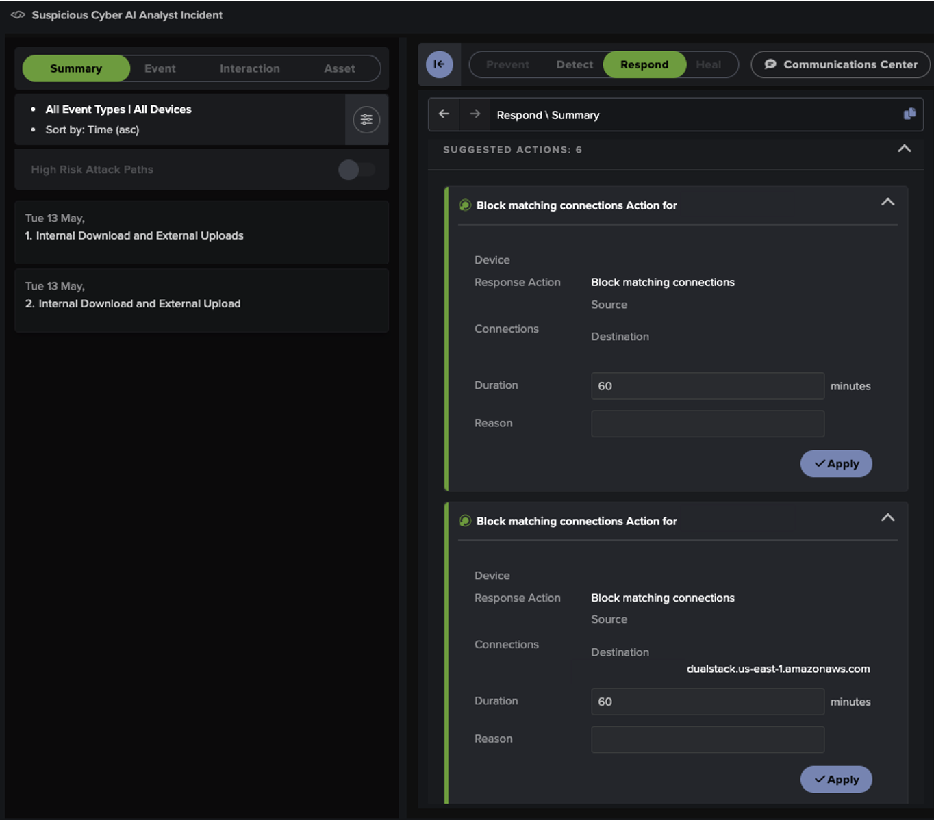 Further recommendations for Autonomous Response actions in Darktrace‘s Incident Interface, with surgical response targeting both the internal data collection and subsequent exfiltration.