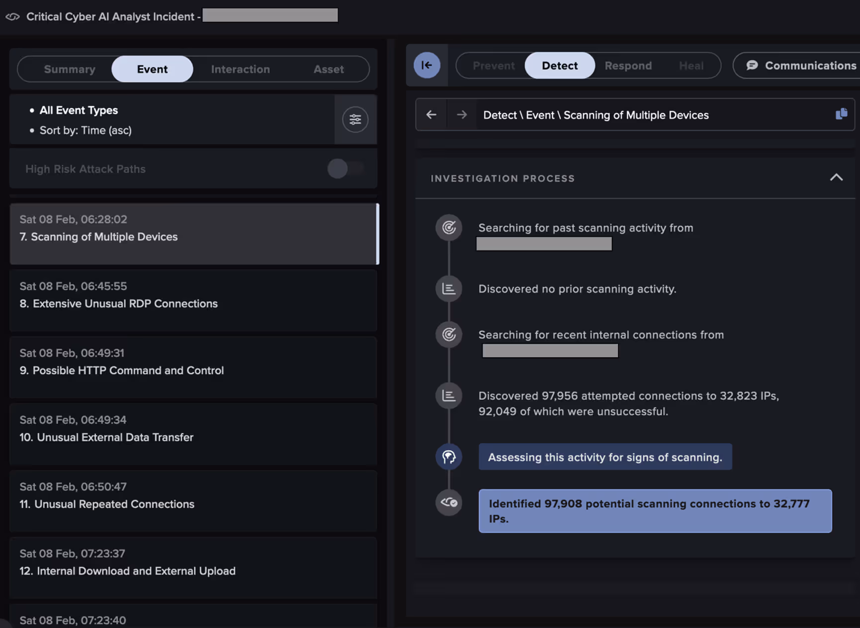 Step-by-step details of one of the network scanning investigations performed by Cyber AI Analyst in response to an anomaly alerted by Darktrace.