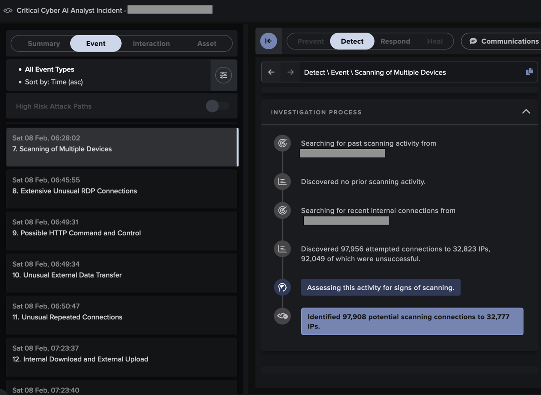 Step-by-step details of one of the network scanning investigations performed by Cyber AI Analyst in response to an anomaly alerted by Darktrace.