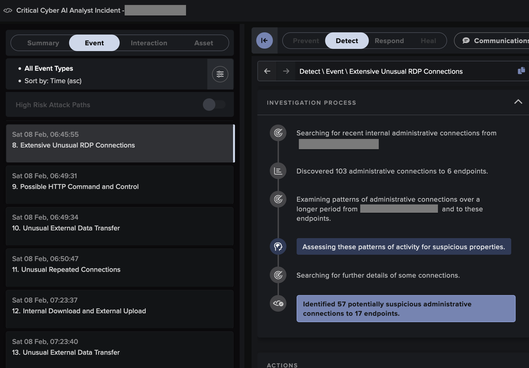 Step-by-step details of one of the administrative connectivity investigations performed by Cyber AI Analyst in response to an anomaly alerted by Darktrace.