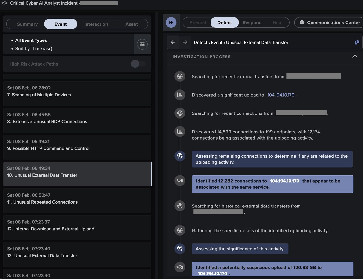  Step-by-step details of one of the external data transfer investigations performed by Cyber AI Analyst in response to an anomaly alerted by Darktrace. Step-by-step details of one of the external data transfer investigations performed by Cyber AI Analyst in response to an anomaly alerted by Darktrace.
