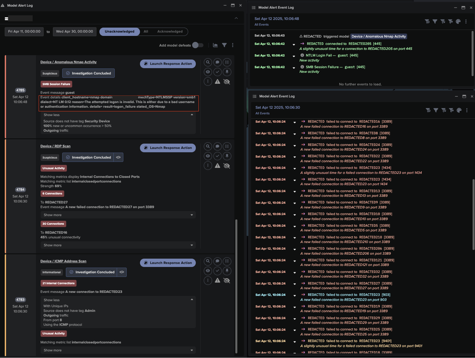 Darktrace’s detection of unusual network scanning activities on the affected device. 