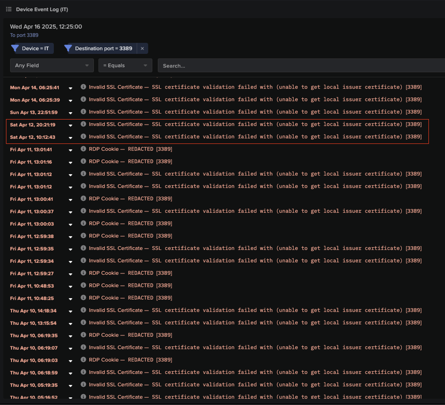 Darktrace’s detection of an RDP session from the firewall interface device to the server, lasting over 3 hours. 