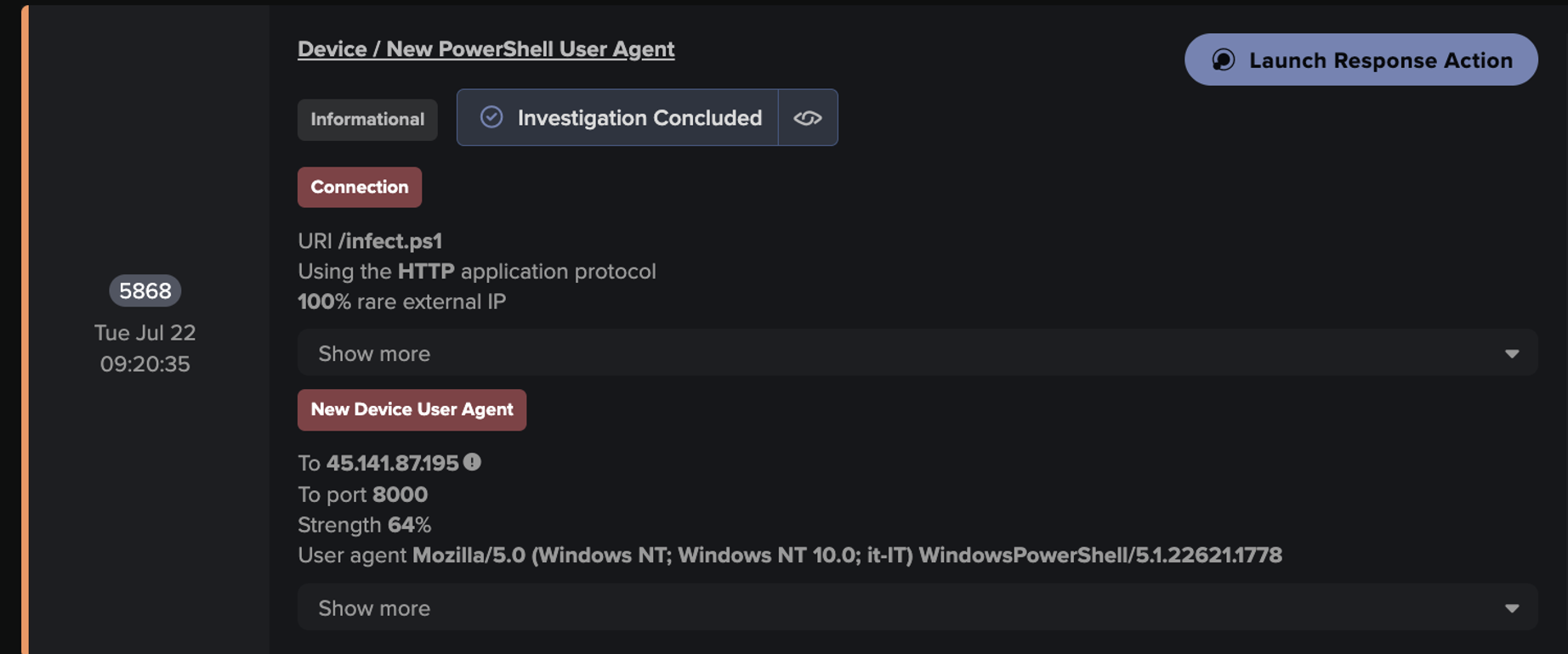 Darktrace’s detection of a device making an HTTP connection with new PowerShell user agent, indicating PowerShell abuse for command-and-control (C2) communications.