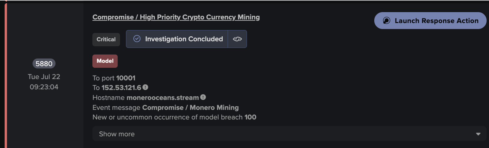 Darktrace’s detection of a device establishing connections with the Monero Mining-associated endpoint, monerooceans[.]stream over port 10001.