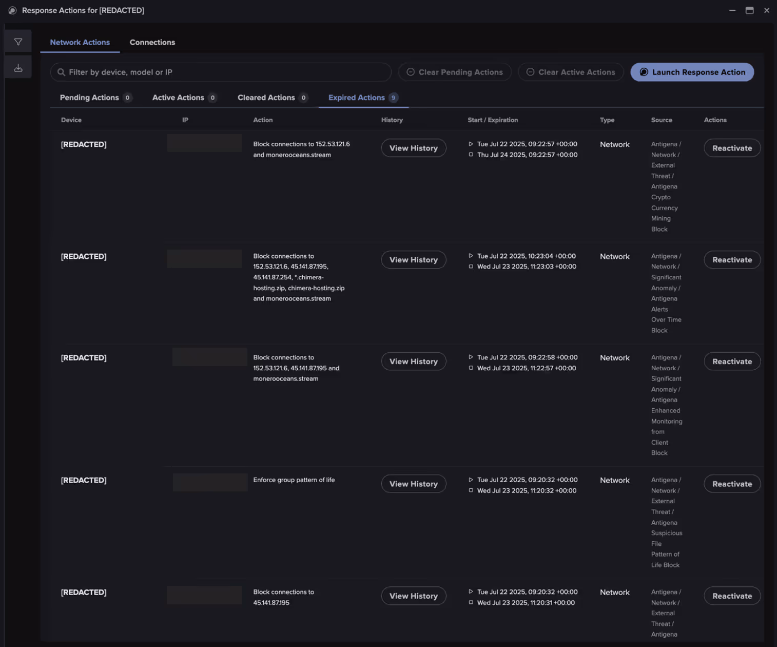 Darktrace’s Autonomous Response actions automatically triggered based on the anomalous connections observed to suspicious endpoints.