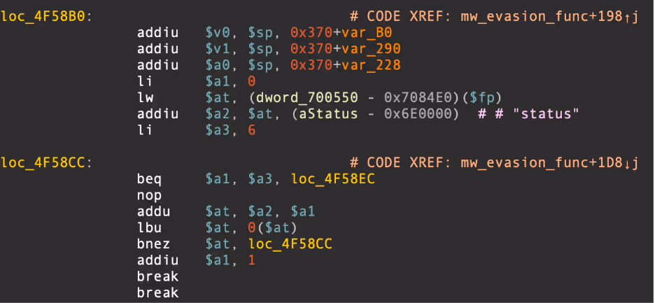 Example MIPS disassembly showing reading of /proc/pid/status file