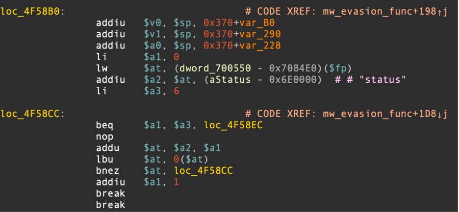 Example MIPS disassembly showing reading of /proc/pid/status file