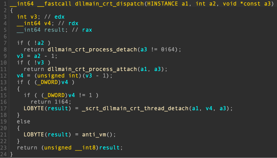 Decompiler output showing call to anti_vm function